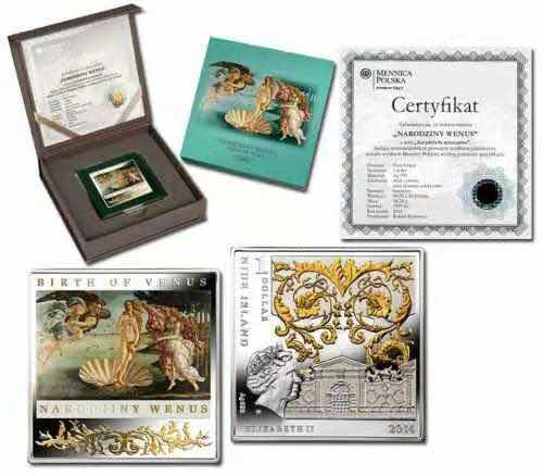 【币观天下】第八十四期钱币拍卖 纽埃2014年1新西兰元，文艺复兴 波提切利 超级名画“维纳斯的诞生”异形(方形)镶(镀)24K金精制彩色银币