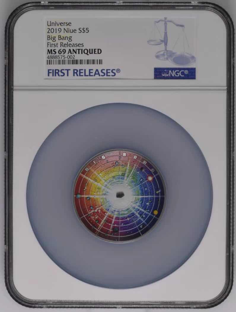【币观天下】第八十四期钱币拍卖 【一口价】纽埃2019年宇宙大爆炸镶嵌陨石2盎司弧面仿古银币NGC69首期蓝标