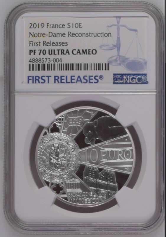 【币观天下】第八十四期钱币拍卖 【一口价】法国2019年巴黎圣母院灾后重建慈善1盎司银币NCG70首期蓝标  