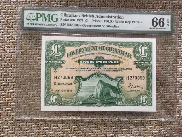 【鲸贝乐淘】★广州CICE展销会专场★ 千字文·第“果珍李柰”号拍卖 【直布罗陀】1971年1磅，PMG66E