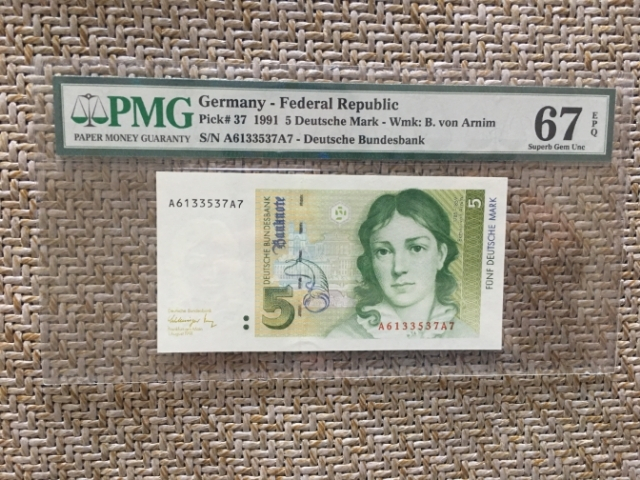 【鲸贝乐淘】★广州CICE展销会专场★ 千字文·第“果珍李柰”号拍卖 【德国】1991年5元，PMG67E