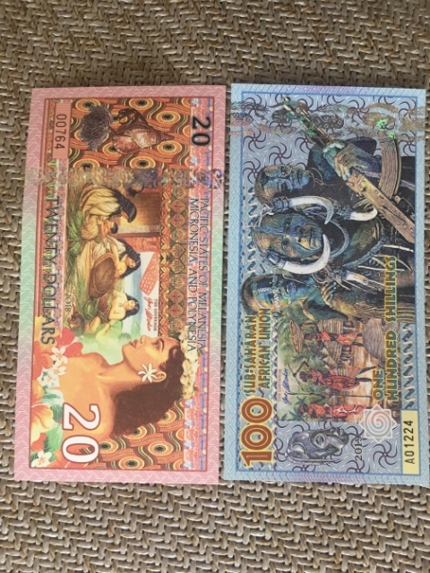 【鲸贝乐淘】★广州CICE展销会专场★ 千字文·第“果珍李柰”号拍卖 西非大洋洲测试钞两张,UNC