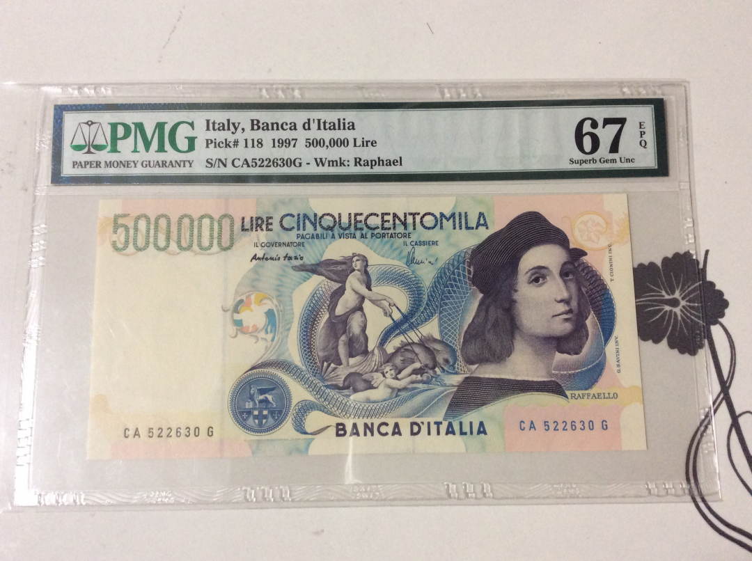 CICE展销会【收藏联盟】第100期拍卖——921感恩大拍 意大利 1997年 50万里拉 无47 p118 PMG67EPQ 超高分 经典拉斐尔