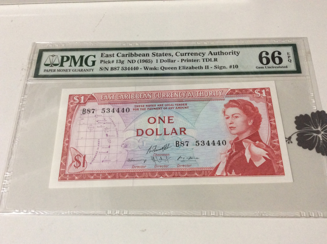 CICE展销会【收藏联盟】第100期拍卖——921感恩大拍 东加勒比 1965年1元PMG66EPQ 戎装女王