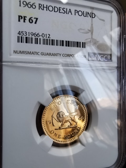 凡希社世界钱币微拍第九十七期 稀！1966罗得西亚伊二金镑NGC-PF67