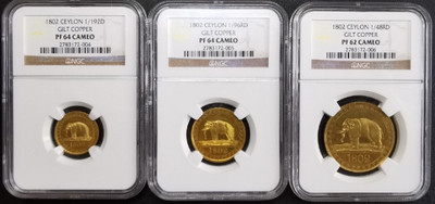 凡希社世界钱币微拍第九十七期 - 罕！1802英属锡兰大象GILT三枚套NGC-PF64/64/62CAMEO