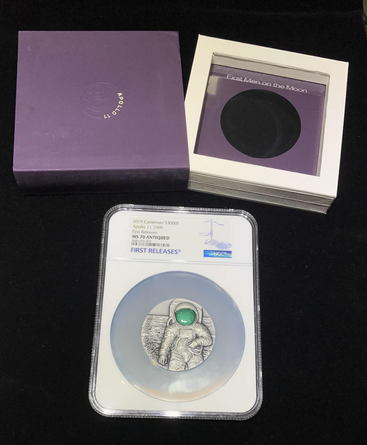 【随心拍&GetCoins】🌟广州展销会CICE专场🌟现代金银币拍卖第三十四期 喀麦隆2019年阿波罗11号登月50周年3盎司仿古银币NGC70首期蓝标