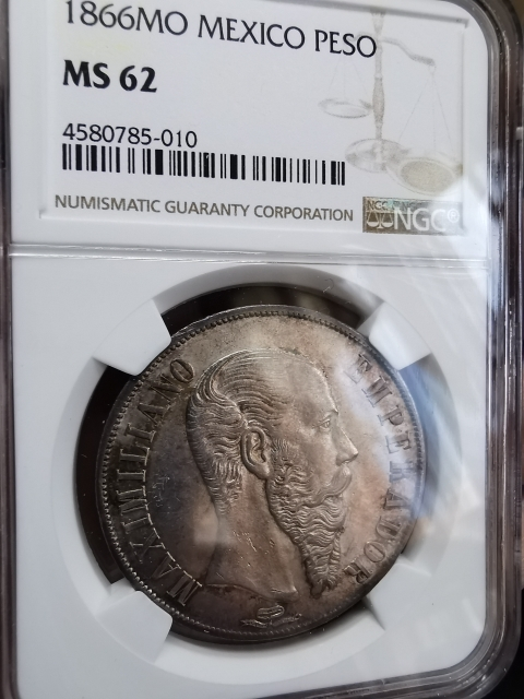凡希社世界钱币微拍第九十七期 荐！1866墨西哥马克西米连比索大银NGC-MS62
