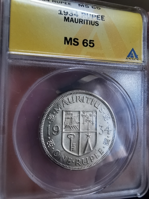 凡希社世界钱币微拍第九十七期 1934英属毛里求斯乔五卢比ANACS-MS65