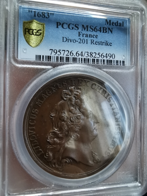 凡希社世界钱币微拍第九十七期 1683太阳王路易十四高浮雕大铜章PCGS-MS64