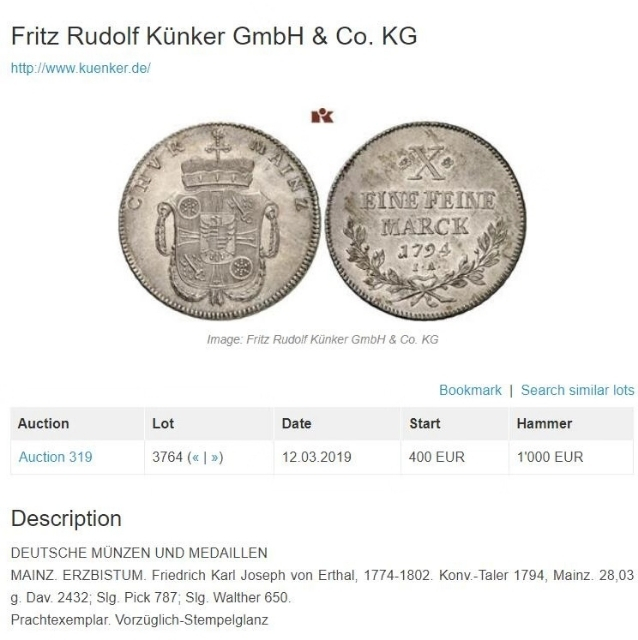 凡希社世界钱币微拍第九十七期 稀！1791德国美因茨泰勒NGC-MS61