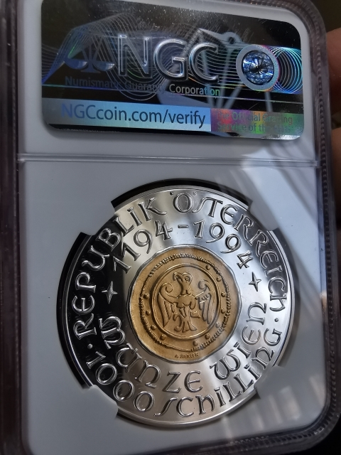 凡希社世界钱币微拍第九十七期 1994奥地利维也纳造币厂800周年纪念金银镶嵌币NGC-PF69UC原盒证书