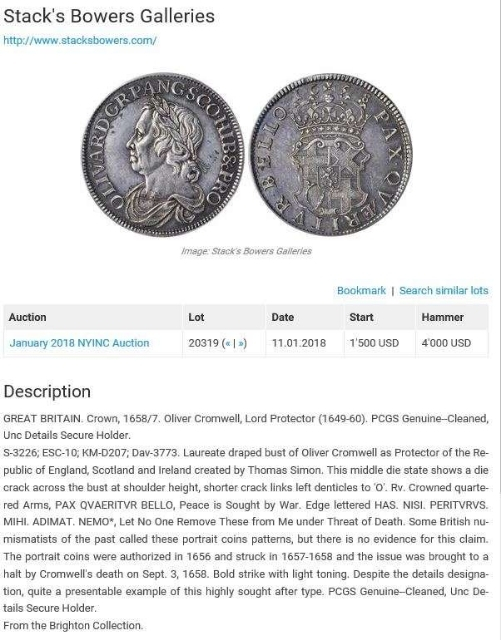 凡希社世界钱币微拍第九十七期 罕！1658英国护国公克伦威尔克朗大银PCGS-XF40