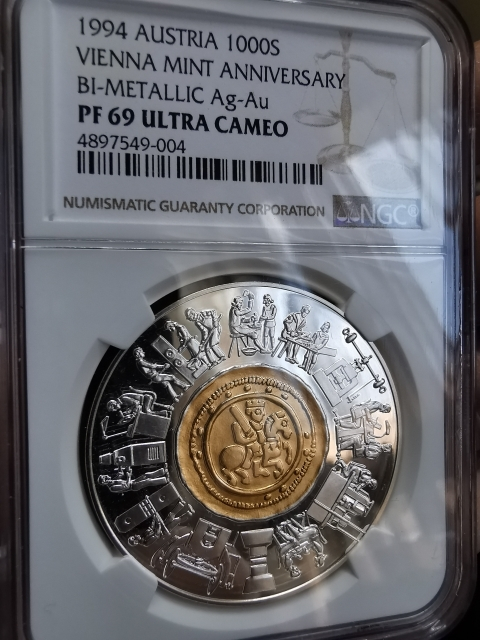 凡希社世界钱币微拍第九十七期 1994奥地利维也纳造币厂800周年纪念金银镶嵌币NGC-PF69UC原盒证书