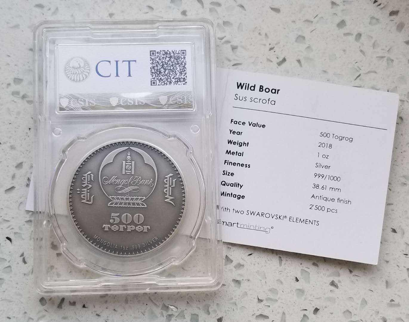 【随心拍&GetCoins】🌟广州展销会CICE专场🌟现代金银币拍卖第三十四期 蒙古2018年野生动物野猪仿古镶嵌银币CIT特许信泰评级首发评级标志