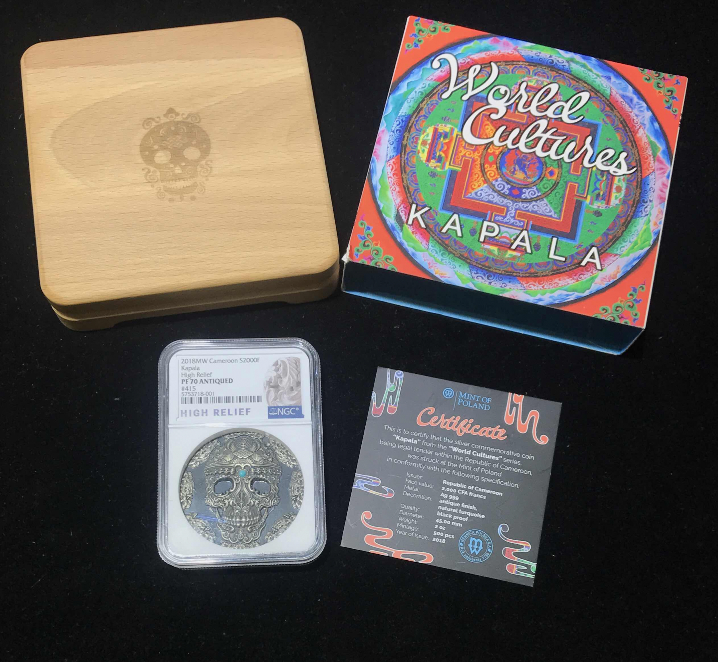 【随心拍&GetCoins】🌟广州展销会CICE专场🌟现代金银币拍卖第三十四期 喀麦隆2018年世界文化卡帕拉头骨镶嵌骷髅头高浮雕银币NGC70首期蓝标