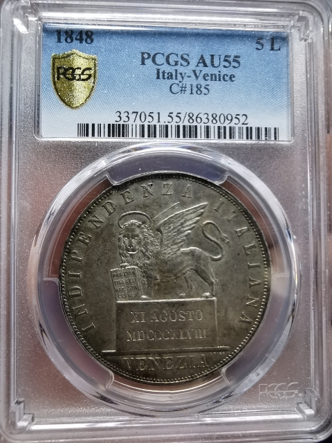 凡希社世界钱币微拍CICE专场拍卖 稀！1848威尼斯飞狮5里拉PCGS-AU55低评！