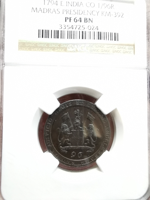 凡希社世界钱币微拍CICE专场拍卖 荐！1794印度马德拉斯1/96卢比NGC-PF64