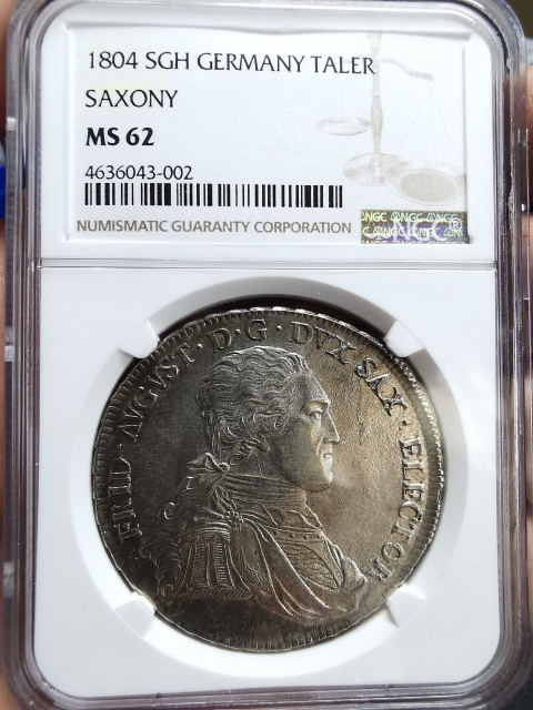 凡希社世界钱币微拍CICE专场拍卖 荐！德国1804萨克森泰勒大银NGC-MS62