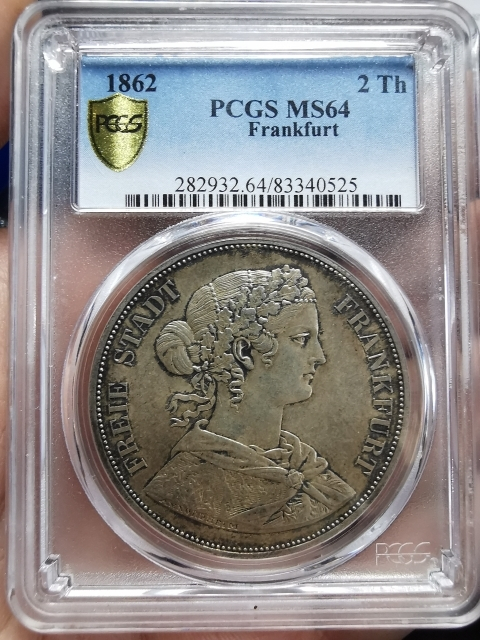 凡希社世界钱币微拍CICE专场拍卖 稀！1862法兰克福少女2泰勒大银PCGS-MS64