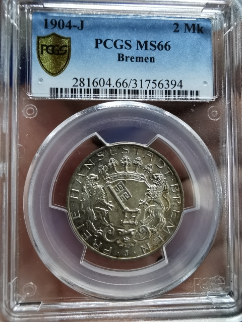 凡希社世界钱币微拍CICE专场拍卖 荐！1904德国不来梅2马克PCGS-MS66