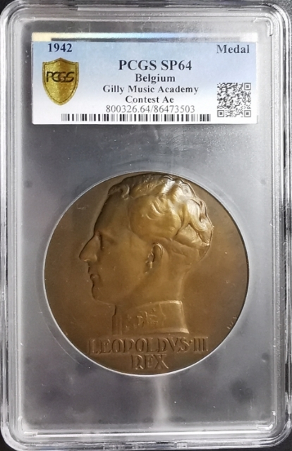 凡希社世界钱币微拍CICE专场拍卖 1942比利时吉利音乐学院纪念大铜章70毫米PCGS-SP64精美！