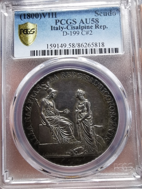 凡希社世界钱币微拍CICE专场拍卖 稀！1800阿尔卑斯山南共和国SCUDO大银PCGS-AU58收藏级！