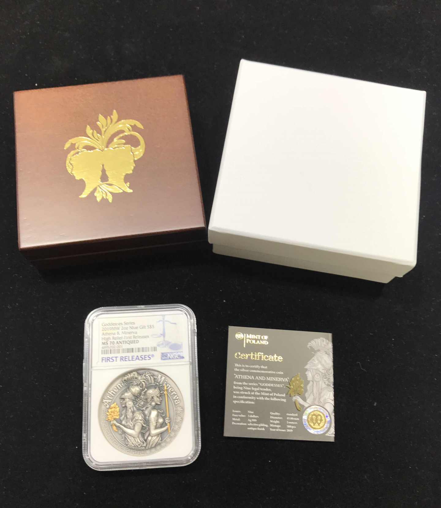 【随心拍&GetCoin】现代金银币拍卖第三十五期 纽埃2019年胜利女神系列2高浮雕2盎司镀金纪念银币首期蓝标NGC70