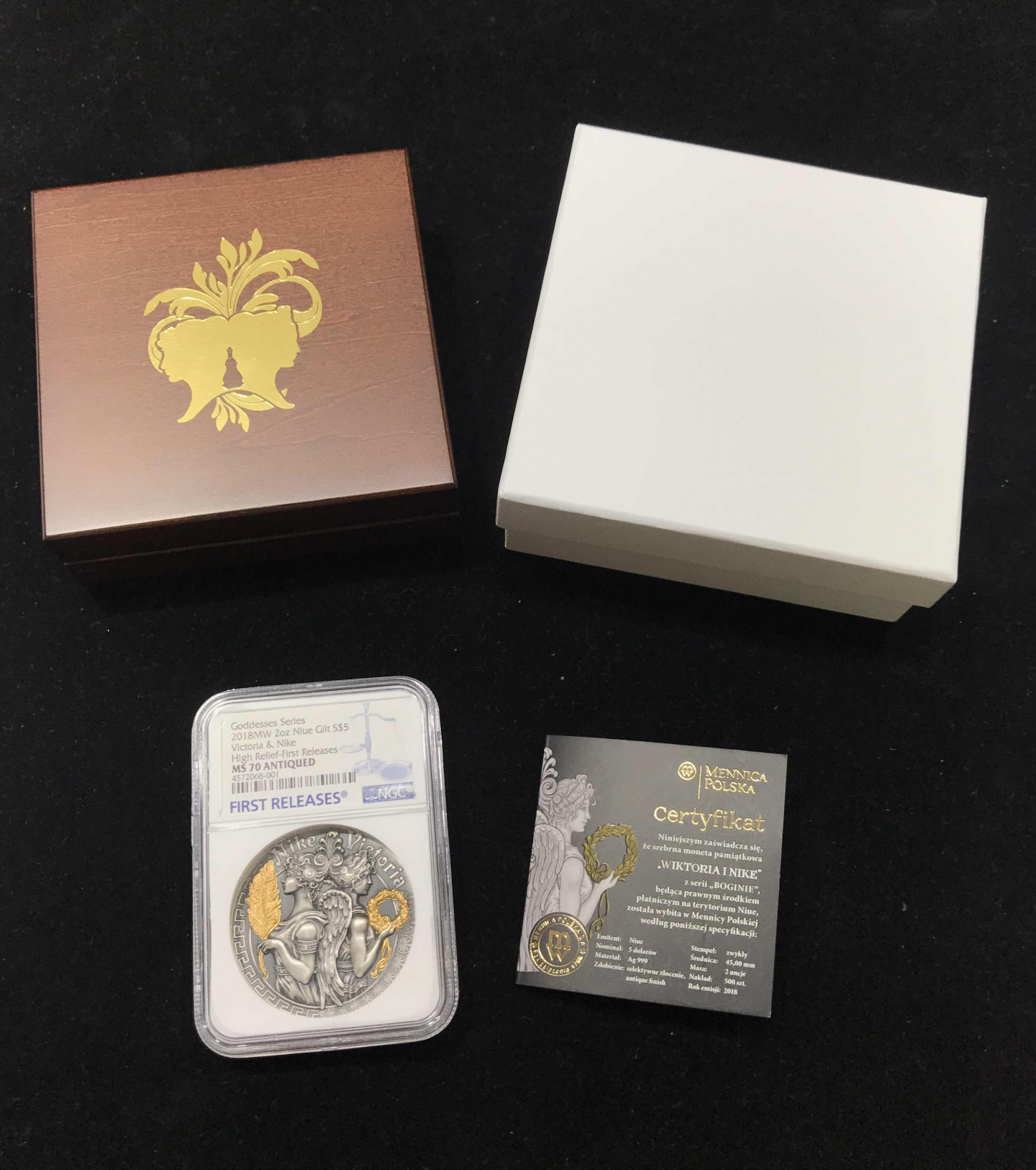 【随心拍&GetCoin】现代金银币拍卖第三十五期 纽埃2018年胜利女神1尼姬维多利亚2盎司镀金银币首期蓝标NGC70