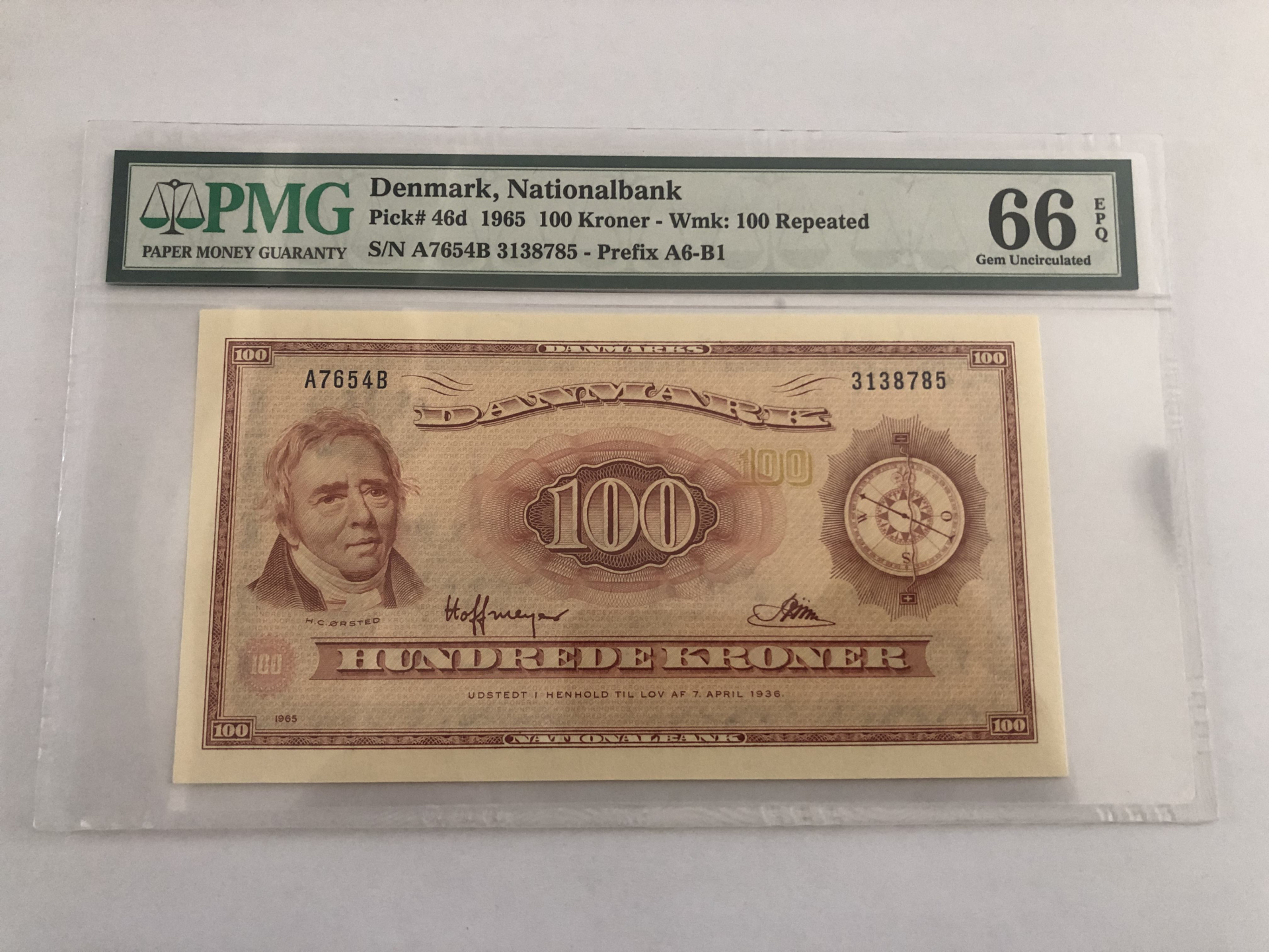 【收藏联盟】第101期拍卖——开启新纪元 丹麦 1965年 p46d 100克朗 pmg66EPQ 绝品 唯美风景  