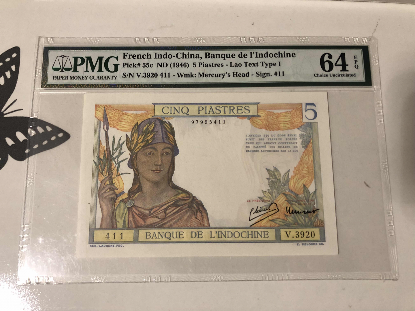 【收藏联盟】第101期拍卖——开启新纪元 法属印度支那 1946年 5皮阿斯特 p55c PMG64EPQ 原票
