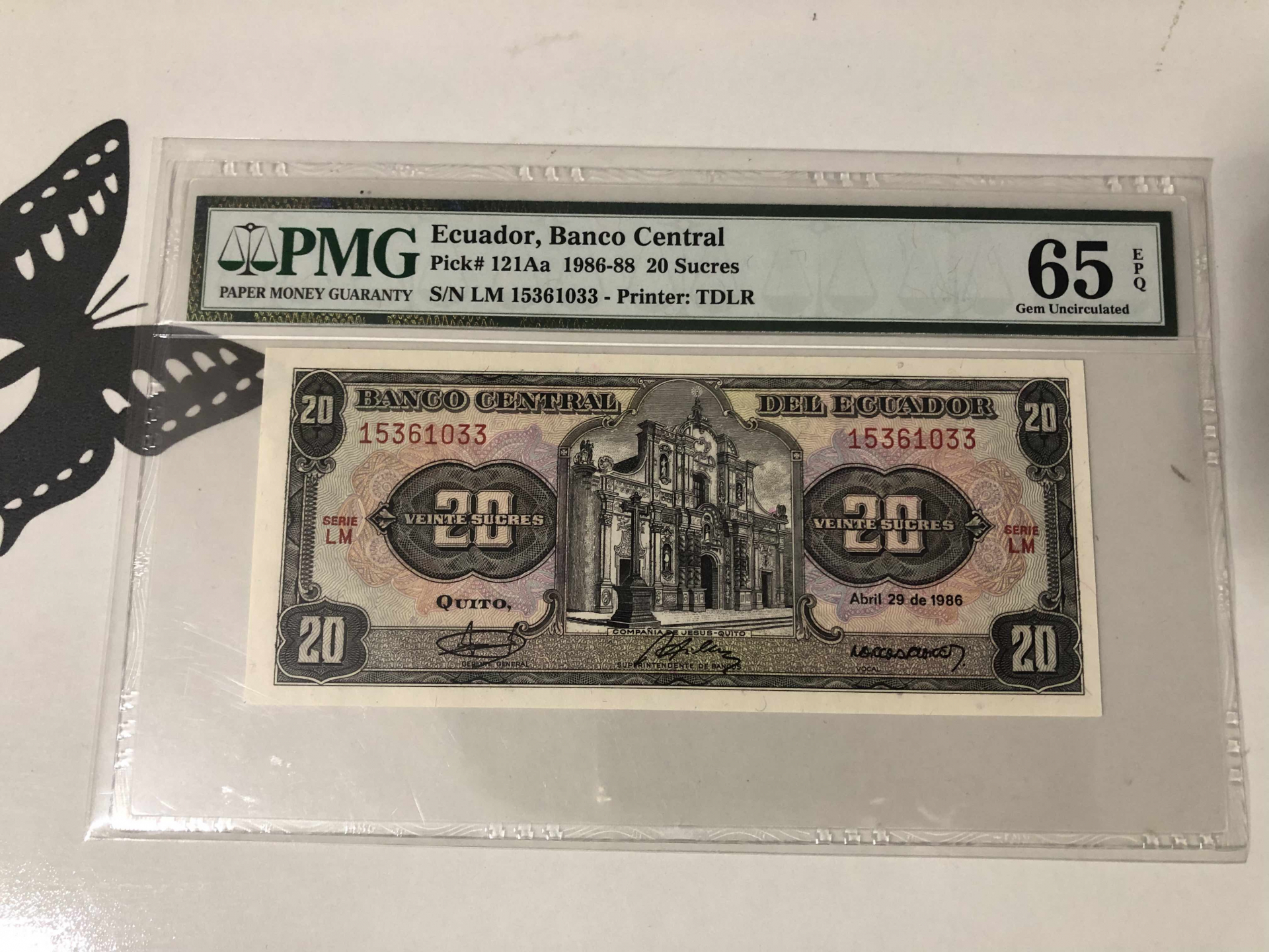 【收藏联盟】第102期拍卖 厄瓜多尔 1986-88年 20苏克雷 PMG65EPQ 绝品