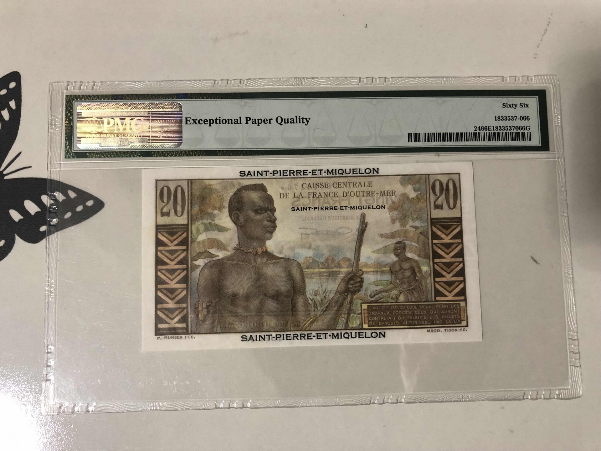 【收藏联盟】第101期拍卖——开启新纪元 圣皮埃尔和密克隆 1950-60年 20法郎 p24  PMG66EPQ