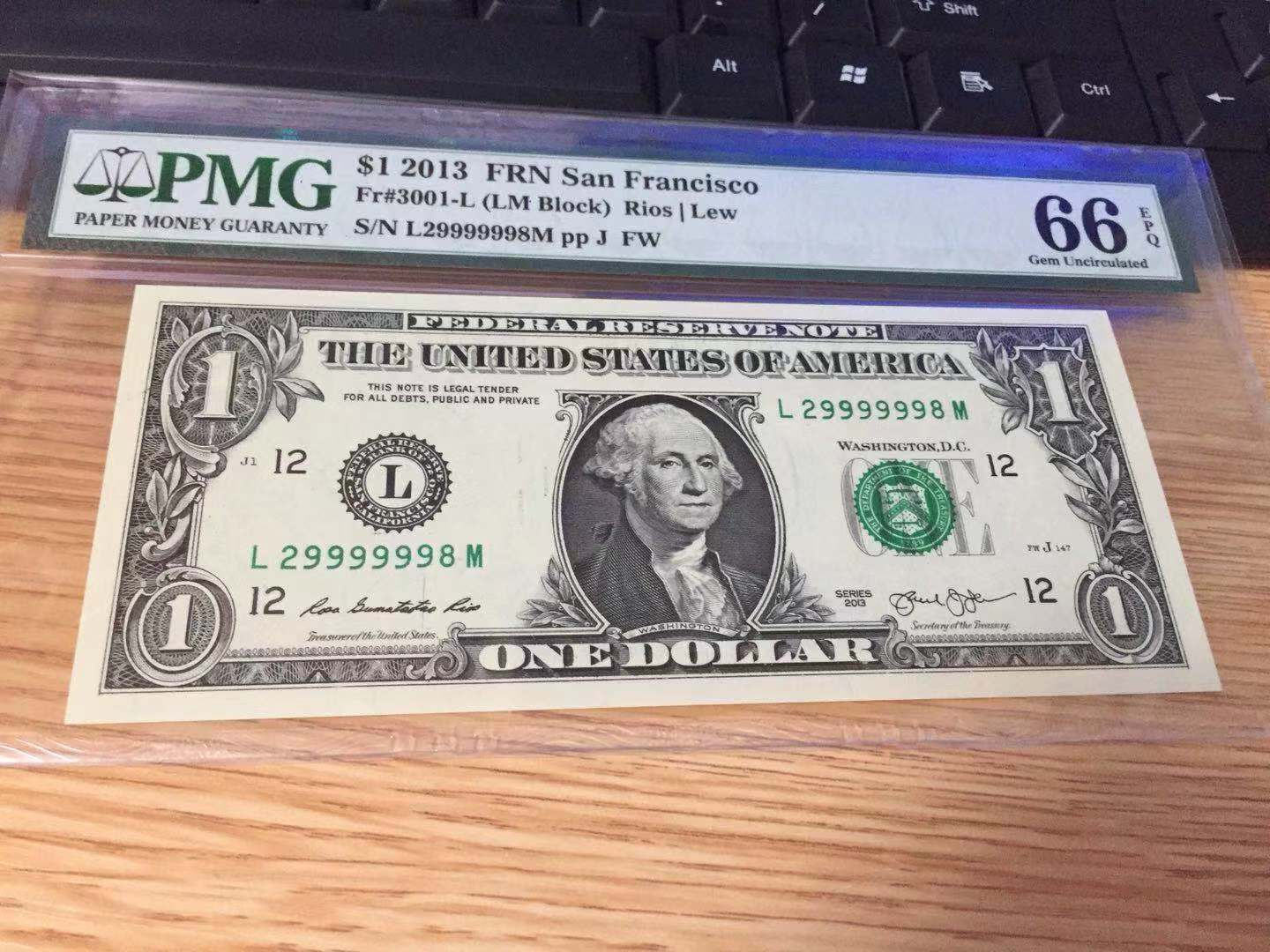 【收藏联盟】第101期拍卖——开启新纪元 【超级靓号】美国 2013年 1美元 pmg66EPQ 华盛顿 S/N：29999998 