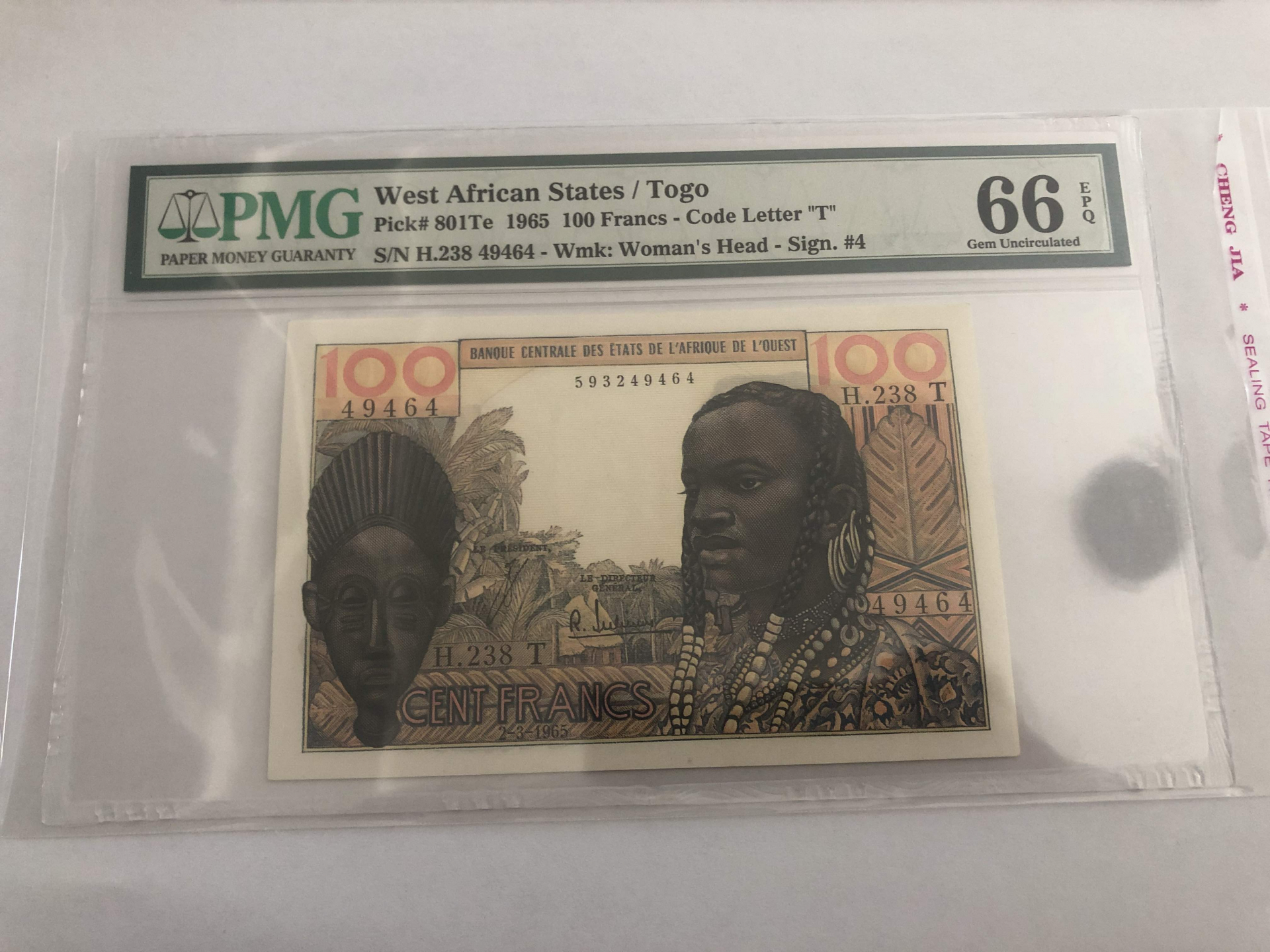 【收藏联盟】第101期拍卖——开启新纪元 法属西非 1965年 100法郎 PMG66EPQ 多哥版