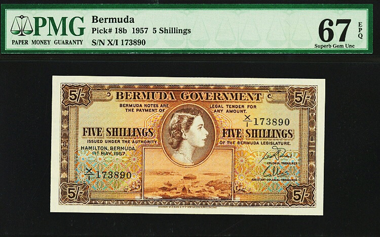 【收藏联盟】第102期拍卖 百慕大 1957年 5先令pmg67EPQ高分 BWC经典 早期女王纸币 