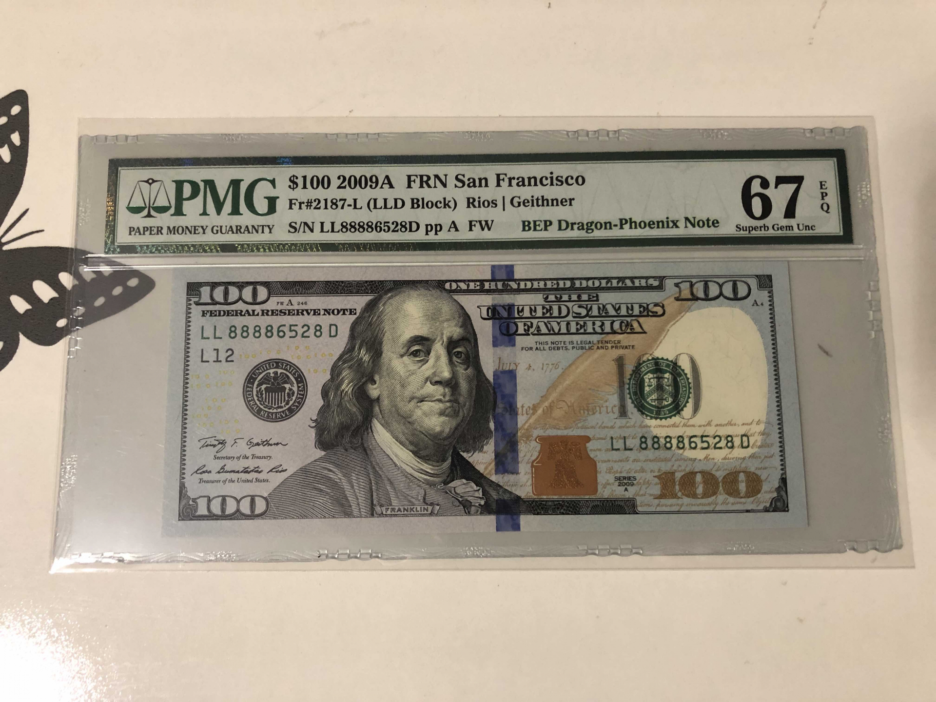 【收藏联盟】第102期拍卖 美国 2009年 100美金 PMG67EPQ 富兰克林 8888狮子头