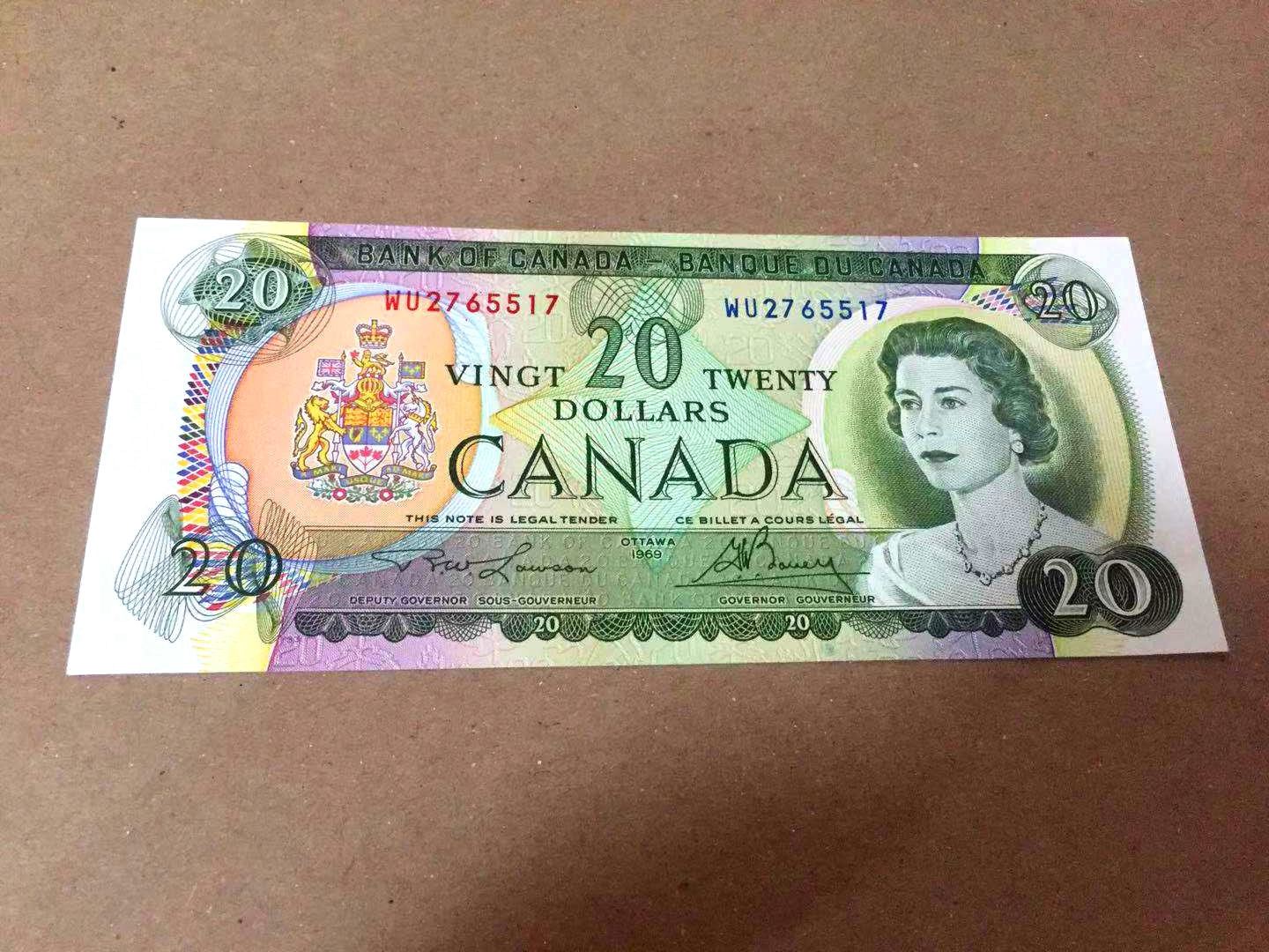 【收藏联盟】第102期拍卖 【早期版本】加拿大 1969年 20元 全新UNC 绝品 p89a 深色版