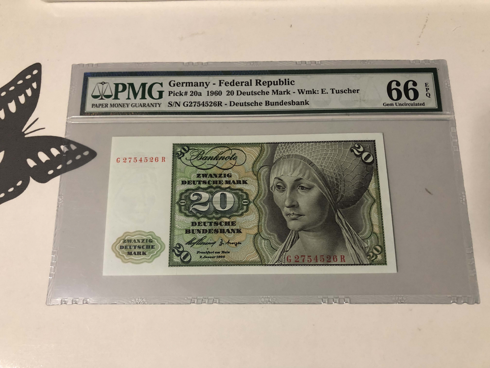 【收藏联盟】第102期拍卖 德国 1960年 20马克 p20a PMG66EPQ 