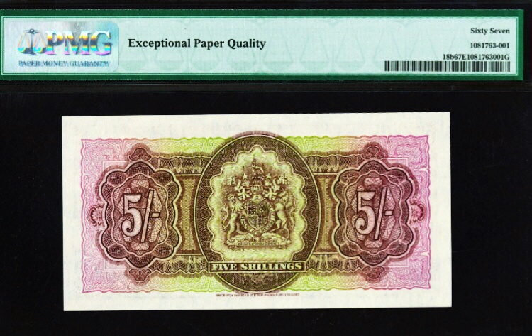 【收藏联盟】第102期拍卖 百慕大 1957年 5先令pmg67EPQ高分 BWC经典 早期女王纸币 