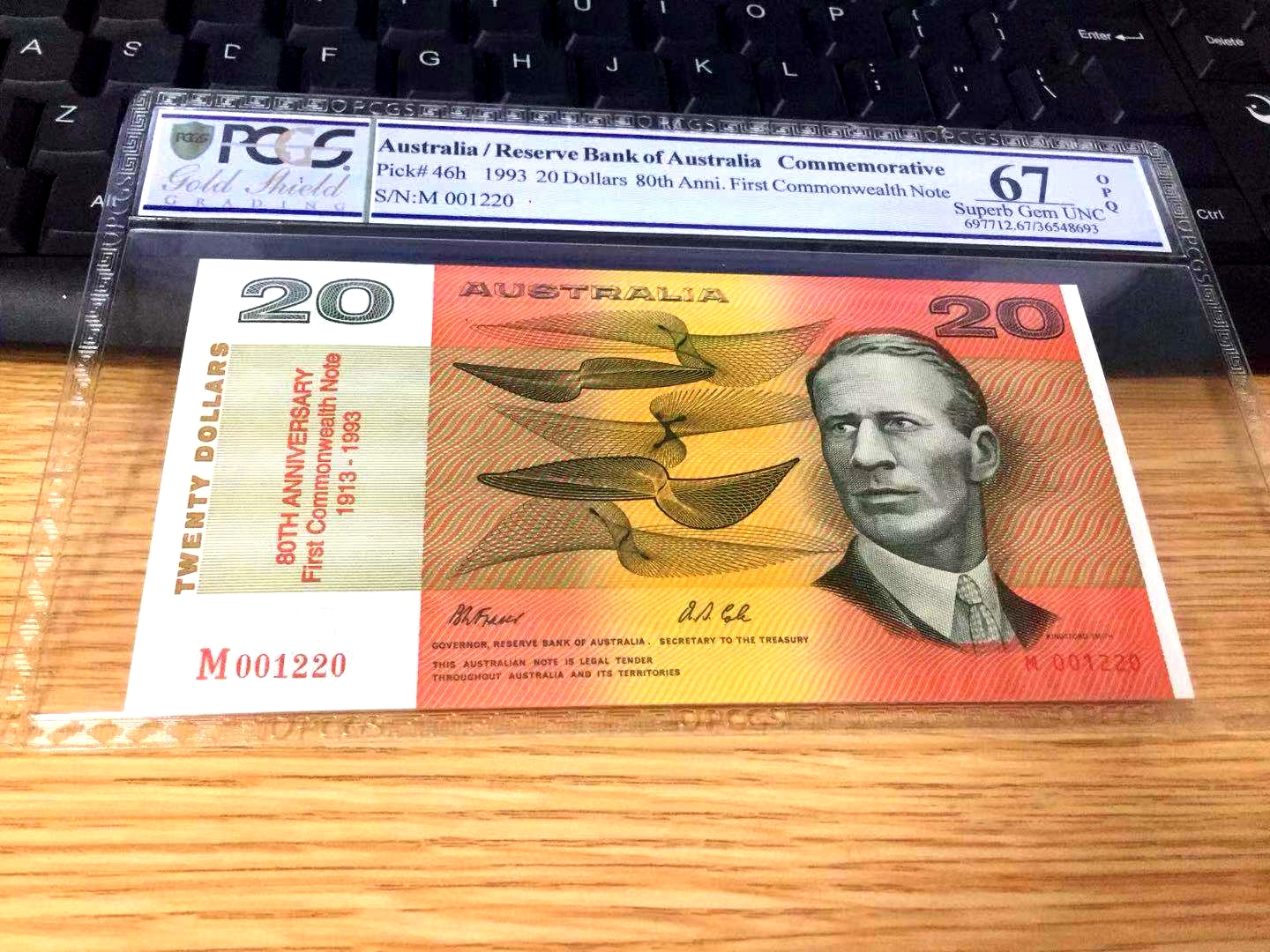 【收藏联盟】第102期拍卖 澳大利亚 1993年 20元 PCGS67EPQ 高分 纸币发行80周年纪念钞小号M1220