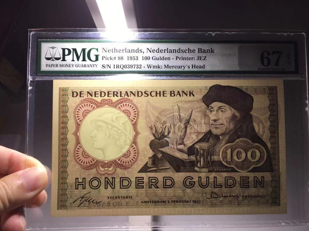 【收藏联盟】第102期拍卖 【冠军分】荷兰 1953年 100盾 pmg67EPQ  p88 伊拉斯谟 精美稀少