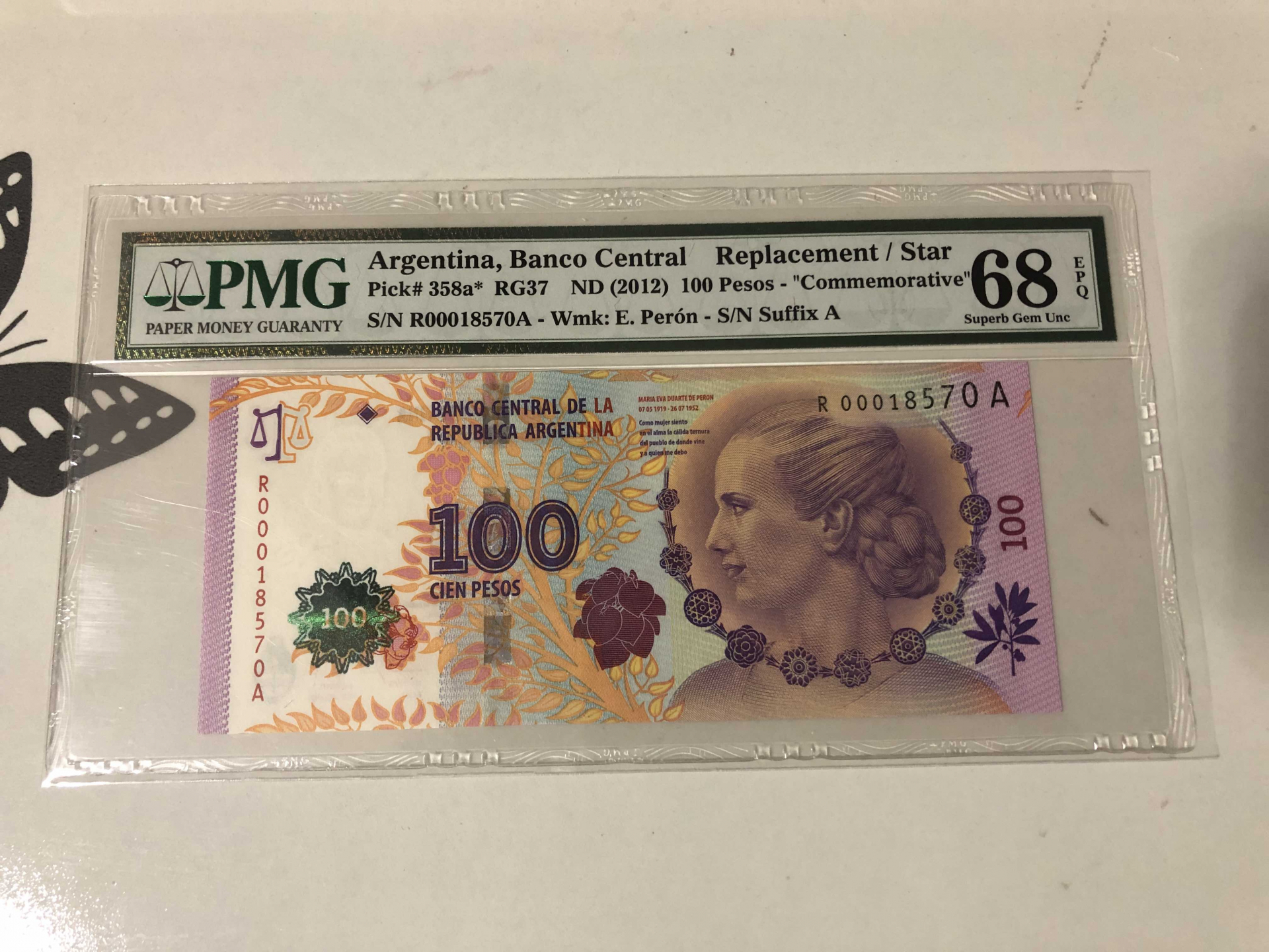 【收藏联盟】第102期拍卖 【超高分】阿根廷2012年100比索贝 隆夫人逝世60周年纪念钞 PMG68EPQ