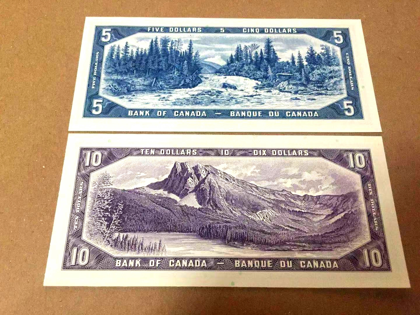 【收藏联盟】第102期拍卖 【一组2张】加拿大 1954年 5元和10元 全新UNC 绝品 非常漂亮的雕刻风景