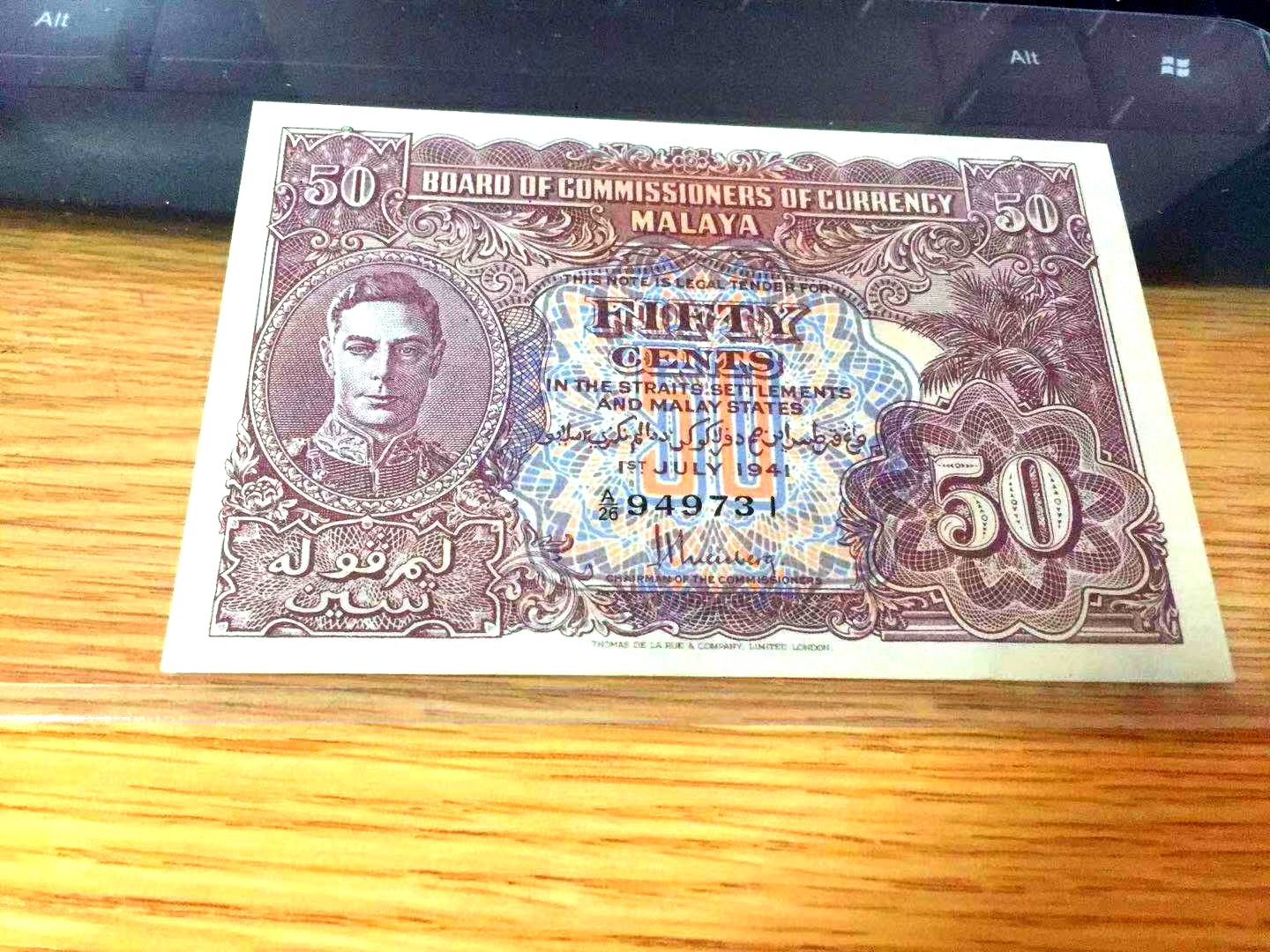 【收藏联盟】第102期拍卖 马来亚 1941年 50分 英王乔治 XF品相 德纳罗印制