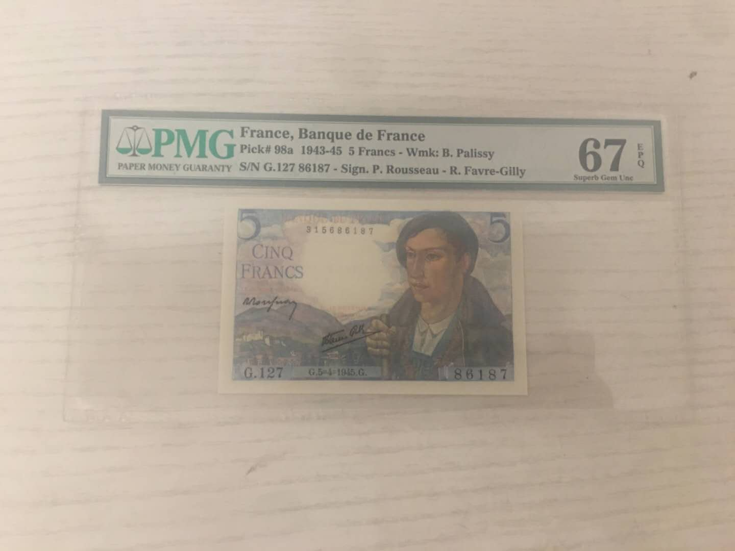 【鲸贝乐淘】千字文·第“菜重芥姜”号拍卖 【法国🇫🇷 】1943-1945年，5法朗，PMG67E,精美