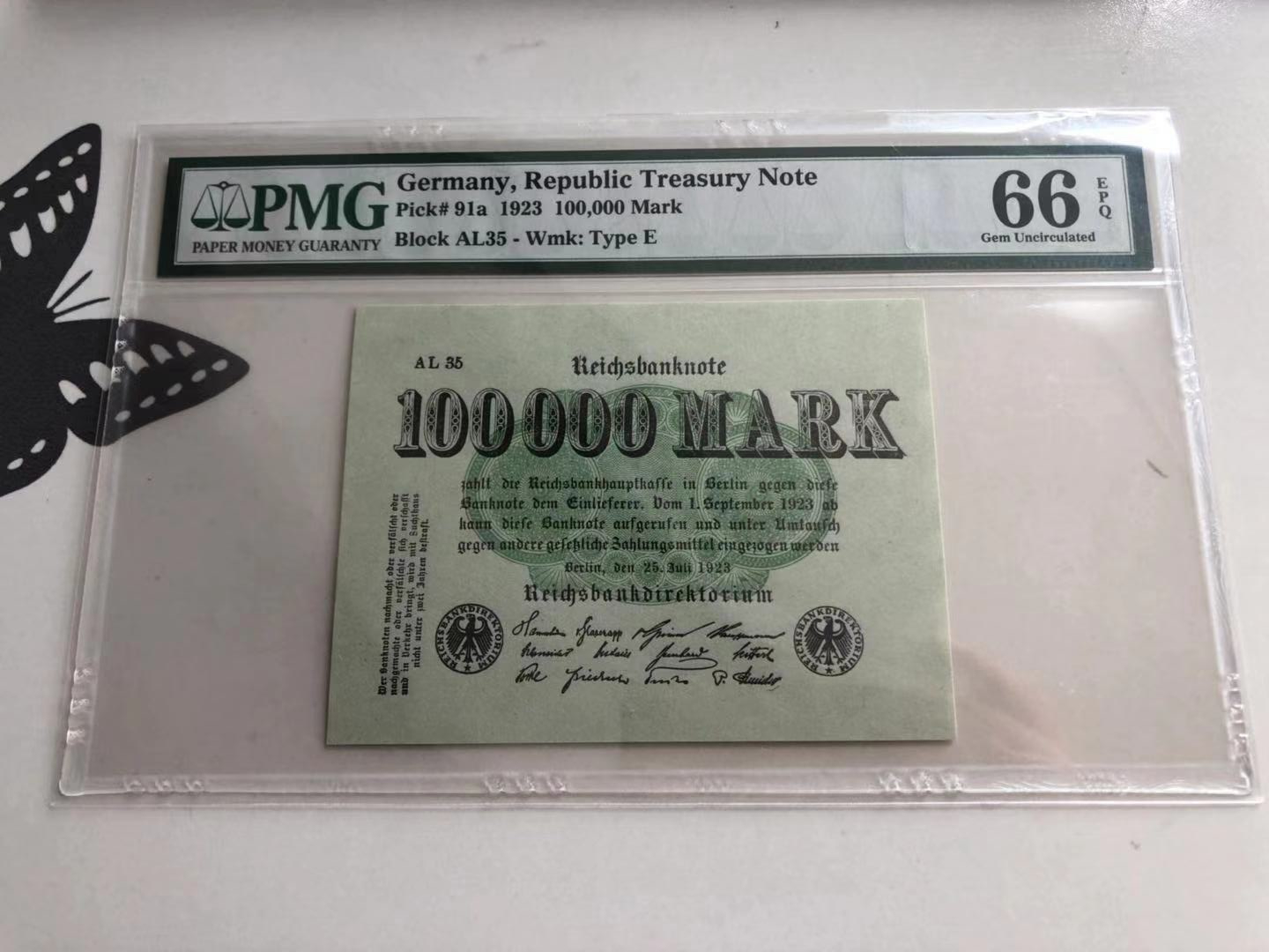 【收藏联盟】第103期拍卖——国庆节专场 德国 1923年 10万马克 PMG66EPQ  p91a 