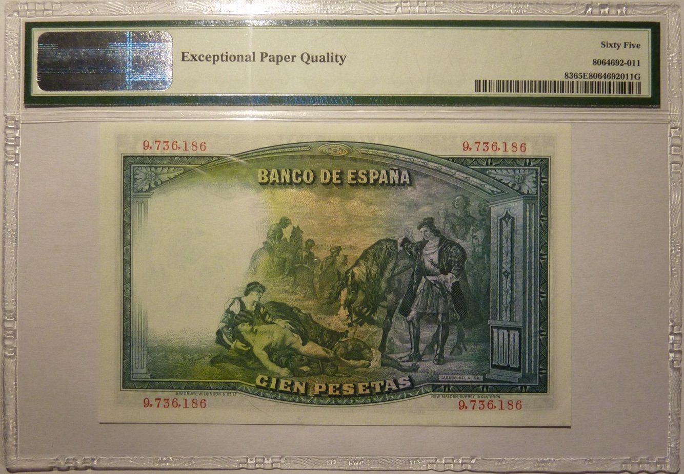 【收藏联盟】第103期拍卖——国庆节专场 西班牙 1931年 100比塞塔 pmg65EPQ  bwc出品 经典