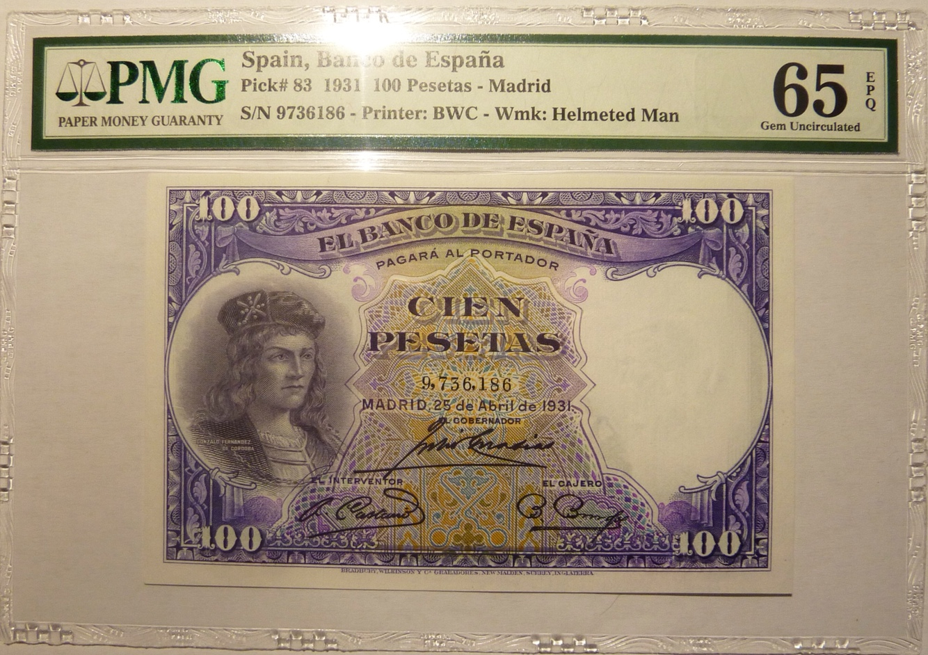 【收藏联盟】第103期拍卖——国庆节专场 西班牙 1931年 100比塞塔 pmg65EPQ  bwc出品 经典