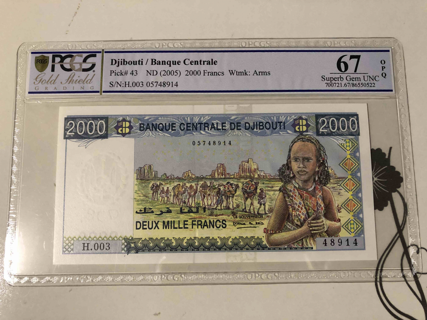 【收藏联盟】第103期拍卖——国庆节专场 【一组4张】PCGS67EPQ 吉布提 2005年 1000法郎、2000法郎、10000法郎&PCGS68EPQ高分5000法郎